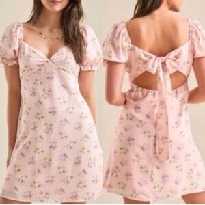 Altar’d State Marin Pale Pink Floral Y2K Babydoll Puff Sleeve Mini Dress